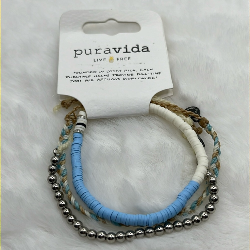 Pura Vida August 2022 Bracelet Set - North Shore - White/Blue/Silver/Tan